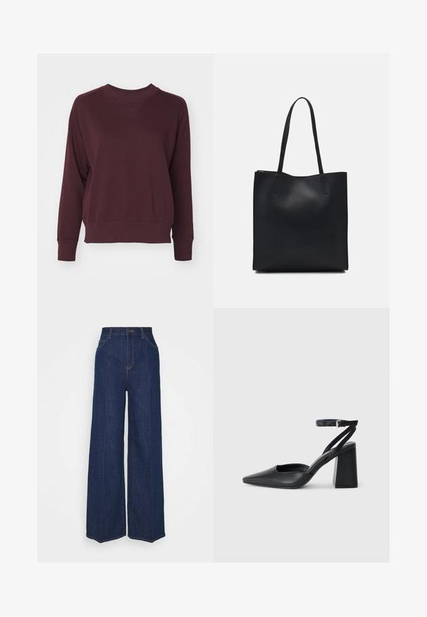 Bordó pulóver kerek nyakkivágással, raglán ujjakkal és bordázott mandzsettákkal. Puha anyagból készült, laza szabású, minimális részletekkel.; Magas derekú, széles szárú sötétkék farmernadrág elöl és hátul zsebekkel, gombos záródással és látható varrási részletekkel.; Fekete bőr, hegyes orrú magassarkú cipő boka pánttal és vastag sarokkal. Sima textúra, elegáns dizájn és minimális esztétika.; Fekete bőrtáska sima felszínnel, téglalap alakú, két hosszú füllel. Nincs látható fémkiegészítő vagy díszítés.
