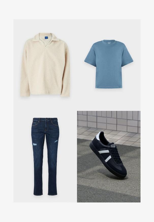 Pull en polaire beige avec une surface texturée et chaleureuse, doté d'un col en V et de manches longues. Étiquette visible à l'intérieur du col.; T-shirt bleu à manches courtes, en coton, avec un col rond et une coupe décontractée. Texture lisse, design minimaliste, sans motifs ni accents.; Jean en denim bleu foncé avec une coupe droite, présentant des déchirures usées au niveau des genoux, des poches traditionnelles et des coutures contrastantes visibles.; Sneaker en cuir noir avec des rayures blanches, semelle en caoutchouc texturée et devant à lacets. Présente une étiquette de marque sur la languette.