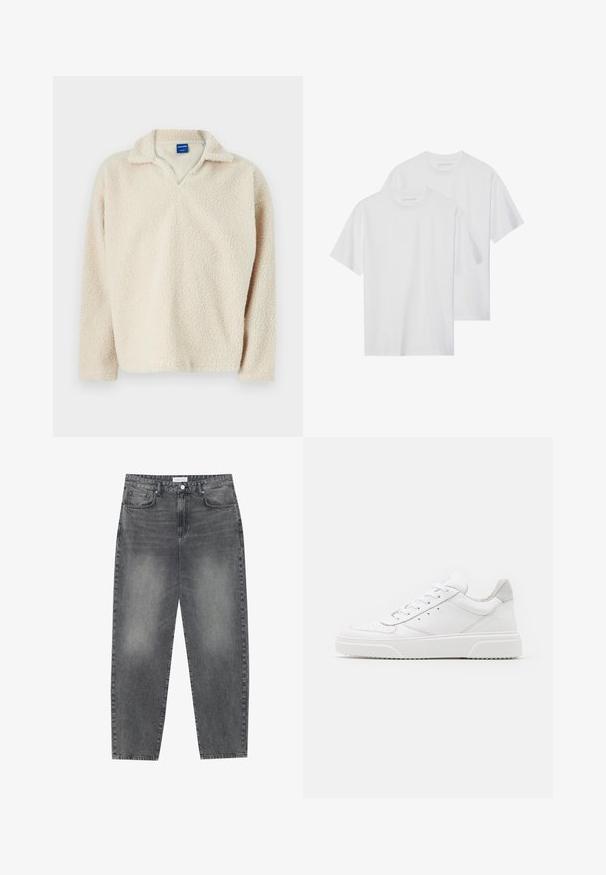 Pulover din fleece bej, cu o suprafață texturată și confortabilă, având decolteu în V și mâneci lungi. Eticheta este vizibilă în interiorul gulerului.; Două tricouri albe din bumbac, cu mâneci scurte, gât de tip crew și un design simplu, având detalii de coasere minime și fără logo-uri vizibile.; Jeans cu talie înaltă, lejere, din denim negru estompat. Caracteristici: cinci buzunare, bucle pentru curea și un design curat cu picior drept.; Adidași din piele albă cu un finisaj neted, vârf rotunjit, șireturi plate și o talpă texturată. Accente din piele întoarsă gri la călcâi.