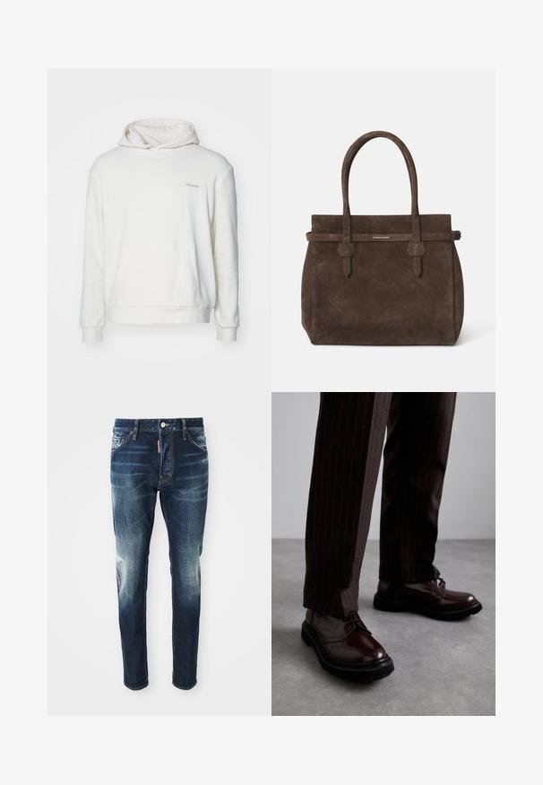 Witte hoodie met een voorzak, lange mouwen en een trekkoord in de capuchon. Gekenmerkt door zachte stof en subtiele geborduurde tekst op de borst.; Donkerblauwe spijkerbroek met een slim fit, met vervaagde gebieden op de bovenbenen en knieën, vijf zakken en een metalen knoopsluiting.; Bruine leren veterschoenen met een glanzende afwerking, zwarte rubberen zool en subtiele stiksels. Draag ze met bruin gestreepte broek.; Donkerbruin suède tote bag met dubbele handvatten en een horizontale strap met een klein gouden DSQUARED2 logo plaatje.