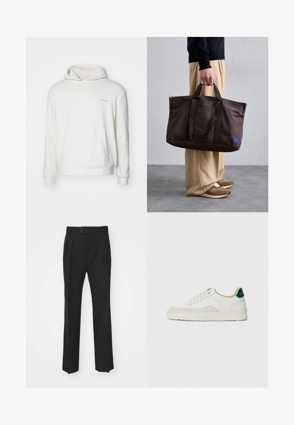Bílá mikina s kapucí, dlouhými rukávy a přední kapsou. Je vyrobena z měkké tkaniny a má decentní vyšívaný text na hrudi.; Černé upravené kalhoty s rovnými nohavicemi, dvěma předními kapsami a zapínáním na dvojnásobný knoflík v pase. Hladký textilní materiál.; Bílé tenisky se semišovými prvky, kulatou špičkou, plochými tkaničkami a krémovou gumovou podrážkou. Na patě mají zelené logo.; Hnědá nylonová taška s dvojitými uchy, zipovým uzávěrem a modrou logem nášivkou. Hladký povrch, strukturovaný design, prostorný interiér.