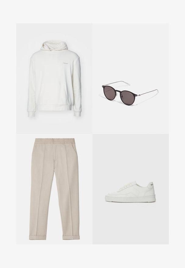 Weißer Hoodie mit Fronttasche, langen Ärmeln und Kapuze mit Kordelzug. Aus weichem Stoff und mit dezent gesticktem Text auf der Brust.; Filippa K TERRY CROPPED TROUSERS - Stoffhose - sage melange; Weiße Ledersneaker mit glatter Oberfläche, runder Zehenpartie, flachen Schnürsenkeln und strukturiertem Sohlenprofil. Mit einem dezenten Logo an der Ferse.; Schwarze runde Sonnenbrille mit dunklen Gläsern und schlanken Metallbügeln. Enthält klare Tempelspitzen und silberne Akzente am Scharnier. Minimalistisches Design.