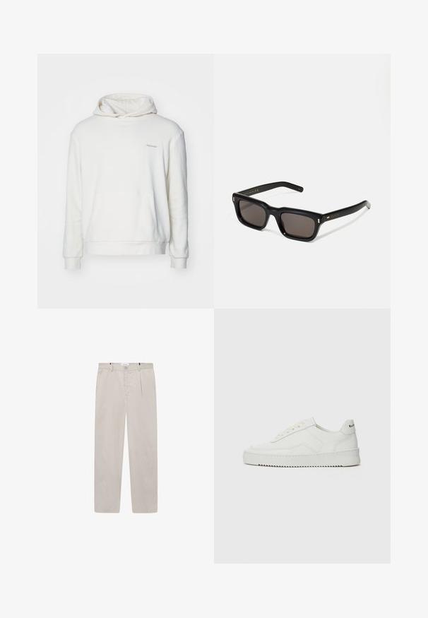 Balts hulahops ar priekšējo kabatu, garām piedurknēm un auklu kapuci. Izgatavots no mīksta auduma, ar smalku izšūtu tekstu uz krūtīm.; Gai beigu bikses, izgatavotas no mīkstas auduma, ar taisnu griezumu, divām sānu kabatām un priekšējo pogu aizdari. Viegls un gluds tekstūras pieskāriens.; Baltas ādas sneakers ar gludu virsmu, apaļu pirkstu daļu, plakaniem šņorēm un teksturētu zoli. Satur diskrētu logotipu uz papēža.; Melnas taisnstūra formas saulesbrilles ar tumšiem stikliem, bieza plastmasas rāmja, zelta akcenti pie tempļiem un zīmola logo iegravēts roku daļā.