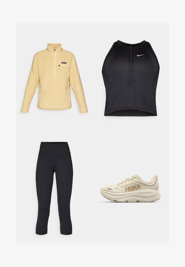 Rumena flis pulover s visokim ovratnikom, pol-zip zapiranjem spredaj, prsno žepom z zadrgo in stranskima žepoma. Teksturna tkanina z mehkim, puhastim videzom.; Črn atletski kratki top z zadrgo spredaj, mrežastimi dodatki in prilegajočim dizajnom. Narejen iz raztegljivega, zračnega materiala. Logotip Nike spredaj.; Črne skrajšane legice iz raztegljive tkanine, z visokim pasom in gladko teksturo, brez vidnih vzorcev ali kovinskih delov.; Svetlo bež tekaški čevelj z mrežastim zgornjim delom, oblazinjeno ovratnikom, istrig prihajajoče "HOKA" v zlati barvi ter debelim, oblazinjeno podplatom za udobje.