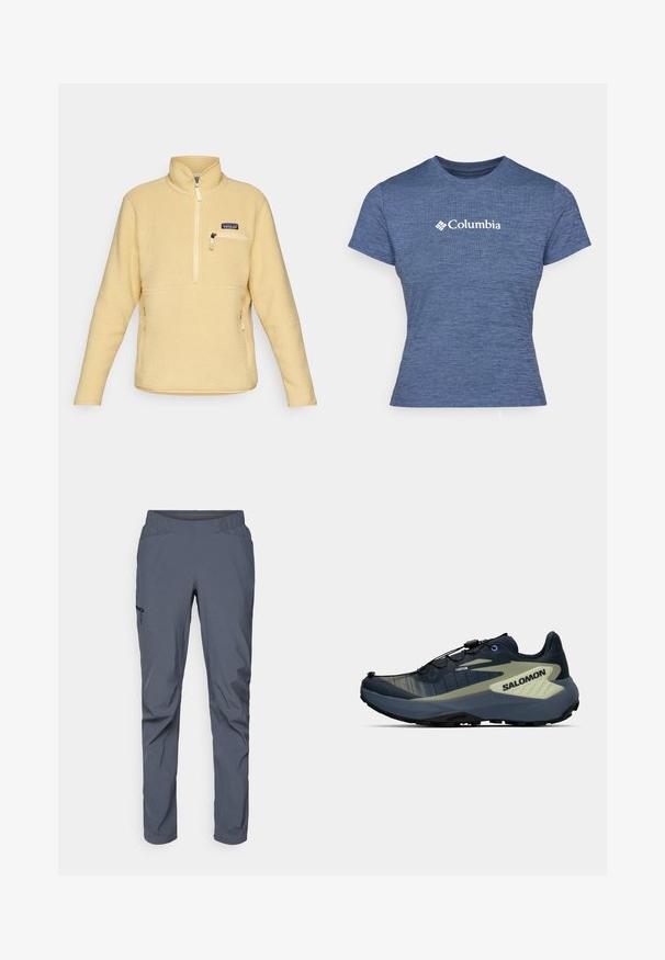 Gul fleece-pullover med hög krage, halvdragkedja framtill, bröstficka med dragkedja och sidofickor. Strukturerad tyg med mjuk, plyschliknande utseende.; Blå kortärmad t-shirt i texturerad tyg, med en vit Columbia-logotyp på bröstet, rund hals och figursydd passform.; Grå prestationsbyxor med elastisk midja, två framfickor och en blixtlåsförsedd sidficka. Slät textur och avsmalnande passform.; Mörkblå och olivgrön terränglöparskor med svart sula, snabbt snörningssystem och "SALOMON"-logotyp på sidan.