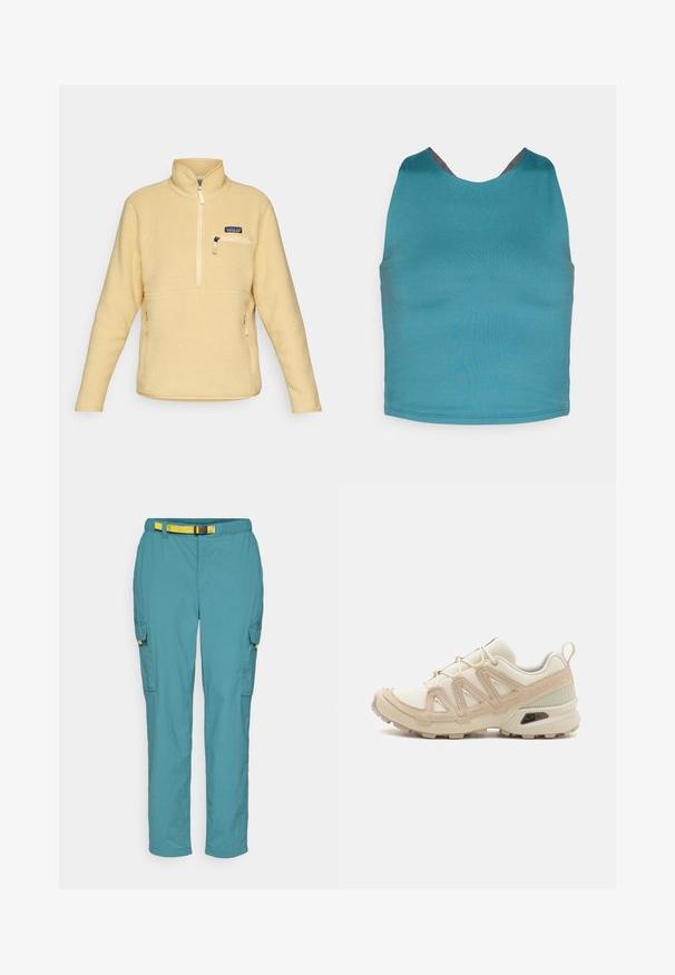 Gul fleece pullover med høj krave, halv lynlåsåbning foran, brystlomme med lynlås og sidelommer. Tekstureret stof med blød, plysagtig overflade.; Teal stræk tanktop med rund halsudskæring og grå akcent bagpå. Glat tekstur, tætsiddende design uden yderligere mønstre eller hardware.; Teal cargo bukser med en afslappet pasform, der har et gult bælte, sidelommer og et let, tekstureret stof. Bæltestropper og manchetter ved kanten er inkluderet.; Beige og creme atletiksko med struktureret mesh-overdel, støttende overlays og gummiyderside med et mønster for trækkraft.