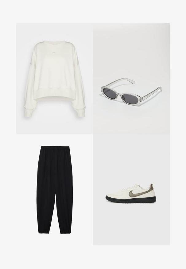 Nike Sportswear CREW - Ikdienas džemperis - lt orewood brn/(sail); Melnas, vieglas bikses ar elastīgu jostu un savilktiem potītiem. Audums ir gluds un to raksturo brīva, sašaurināta forma.; Nike Sportswear FIELD GENERAL - Treniņu apavi - off-white/black; Saulesbrilles ar ovālu formu, caurspīdīgu plastmasas rāmi, tumši pelēkiem stikliem un plāniem caurspīdīgiem kātiem, kas satur logotipa akcentus un minimālu noformējumu.