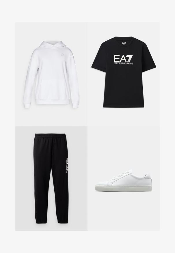White hoodie with a front pouch pocket, drawstring hood, and a subtle logo on the chest. Material appears soft and textured.; Black t-shirt made of cotton, featuring a crew neck and short sleeves. Embroidered logo "EA7 EMPORIO ARMANI" in white on the front.; Black athletic pants made of smooth fabric, featuring an elastic waistband and cuffs, and a contrasting logo printed on the side.; White sneaker with a smooth leather upper and a low profile. Features a rounded toe, six eyelets, and a textured rubber sole.