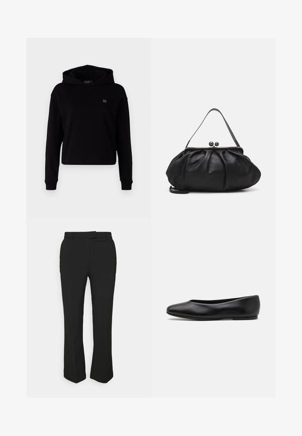 Felpa nera corta realizzata in morbido tessuto. Presenta maniche lunghe, un ampio cappuccio e una piccola etichetta con logo sul petto. Texture liscia.; Maglione nero a maniche lunghe con colletto a dolcevita realizzato in tessuto morbido, caratterizzato da un collo arricciato e una silhouette aderente con bordi semplici.; Pantaloni neri su misura con design a gamba dritta, dotati di passanti per cintura e tasche laterali. Realizzati in tessuto liscio con una finitura pulita.; Paul Smith TOPANGA - Ballerine - black; Borsa a mano in pelle nera con un design arrotondato e plissettato. Presenta una chiusura metallica con due palline decorative e una tracolla sottile e removibile.