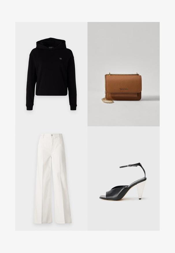 Juodas trumpas gobtuvas pagamintas iš minkštos medžiagos. Yra ilgos rankovės, didelis gobtuvas ir mažas logotipo ženkliukas ant krūtinės. Sklandus paviršius.; Balti platūs baltos spalvos keliai, pagaminti iš medvilnės su lygiu paviršiumi. Yra priekinis mygtukas, užtrauktukas ir keturi kišenės.; Juodos odinės aukštakulnės šlepetės su atvira nosimi, asimetrišku dizainu, kulkšnies dirželiu ir metaliniu kūgio formos kulnu. Visas paviršius lygus.; Ruda tekstūruota odinė per petį nešama rankinė su auksiniu grandininiu dirželiu ir užlenkiamo užsegimo. Priekinėje pusėje yra logotipo detalė ir kišenė po užlenkimu.