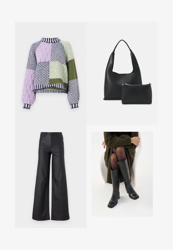 Kootud sviiter ruudukujulise lõikega, millel on lapitekk lavendlise, rohelise ja tumesinise värviga, erinevad tekstuurid ning triibuline soonik krae ja varrukad.; Mustad, laiad püksid kunstnahast. Omab kõrget vööd, vöökotte, kahte esipoolset taskut ja õmmeldud detaile.; Knee-high mustad nahast saapad nelinurkse varbaga ja plokilise kontsaga, esitatud mudeli kõrval, kes istub oliivirohelises mantlis. Sujuv tekstuur, minimaalne detailide arv.; Even&Odd Käekott - black