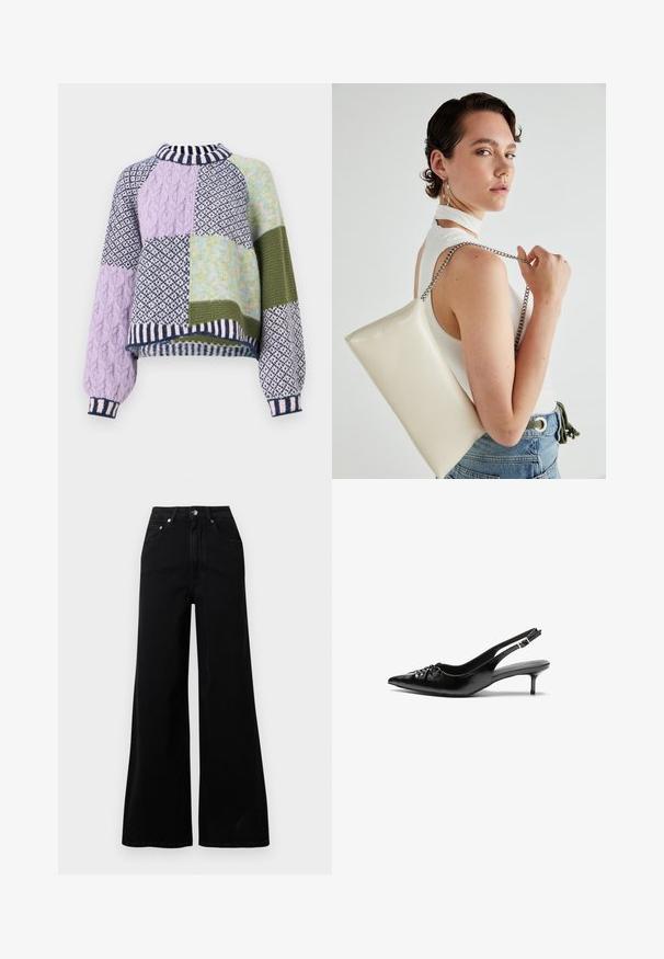 Suéter de malha com um formato boxy, apresentando um patchwork em lavanda, verde e azul marinho, com texturas mistas e um colarinho e punhos canelados à risca.; Jeans pretos de ganga com perna larga, cintura alta, cinco bolsos, fecho frontal de botões e detalhes mínimos de costura.; Sapatos de salto alto slingback em couro preto com bico fino, pequeno salto kitten e um detalhe decorativo em forma de nó na parte da frente. Textura suave em toda a parte.; Bolsa de mão retangular branca, feita de material brilhante, com uma alça em corrente prateada. Modelo posa, exibindo a bolsa contra um fundo simples.