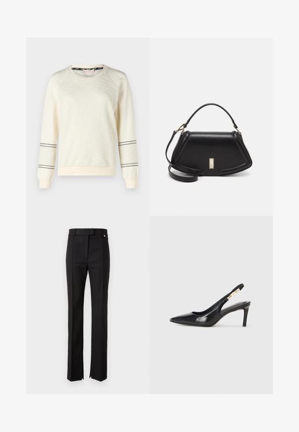 Felpa crema con maniche a raglan, frontale testurizzato e strisce nere vicino ai polsini. Tessuto morbido con polsini elasticizzati.; Pantaloni neri su misura con design a gamba dritta, dotati di una vita con chiusura a bottone e spacchi laterali all'orlo.; Scarpa nera in pelle con tacco alto e cinturino alla caviglia, punta affusolata, superficie liscia e dettagli in metallo dorato.; Borsa a mano in pelle nera con un design strutturato, caratterizzata da una forma corta, manico superiore e accessori in metallo dorato. Inclusa tracolla regolabile.