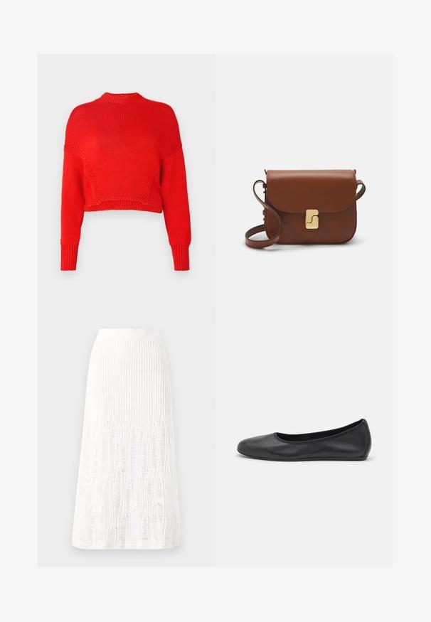 Suéter corto rojo hecho de un tejido de punto texturizado, con un cuello alto y mangas largas con puños acanalados. Sin patrones ni detalles distintivos.; Falda midi de punto blanca que presenta un patrón texturizado con líneas verticales y detalles recortados cerca del bajo. Cintura elástica. Material suave.; Bailarina de piel negra con punta redondeada, textura suave, detalle de costura minimalista y diseño de suela flexible.; Bolso de mano de cuero marrón con cierre de solapa, herrajes en tono dorado, correa para el hombro y una textura suave. Forma rectangular compacta.