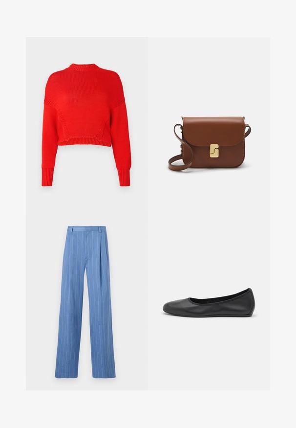 Red cropped sweater made of textured knit fabric, featuring a high neckline and long sleeves with ribbed cuffs. No distinctive patterns or accents.; White short-sleeve t-shirt made of ribbed fabric. Round neckline, regular fit, and subtle stitching details. No patterns or graphics.; Light blue wide-leg trousers with vertical white stripes. Made of smooth material, featuring a front pleat and a clean waistband design.; Black leather ballet flat with a rounded toe, smooth texture, minimal stitching detail, and a flexible sole design.; Brown leather handbag with a flap closure, gold-tone hardware, a shoulder strap, and a smooth texture. Compact rectangular shape.