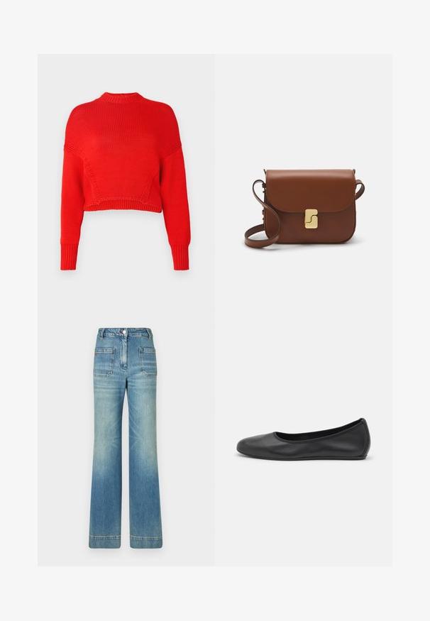 Sarkans īsais džemperis, kas izgatavots no tekstūrēta adījumam, ar augstu apkakli un garām piedurknēm ar ribotām aprocēm. Nav izteiktu rakstu vai akcentu.; Gaiši zili džinsi ar platām kājām, piecām kabatām, jostām, pogas aizdari un viegli nolietotu tekstūru, ar sarkanu logotipu uz aizmugures.; Melna ādas baleta kurpe ar noapaļotu purngalu, gludu tekstūru, minimālu šuvju detalizāciju un elastīgu zoles dizainu.; Bordo ādas rokas soma ar atloku, zeltītām detaļām, plecu siksnu un gludu virsmu. Kompakta, taisnstūrveida forma.