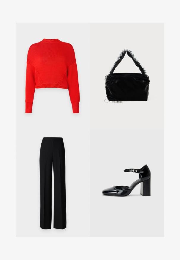Red cropped sweater made of textured knit fabric, featuring a high neckline and long sleeves with ribbed cuffs. No distinctive patterns or accents.; Black wide-leg trousers with a smooth texture, featuring a high waistband and center pleats. No visible patterns or hardware details.; Black patent leather high-heeled shoes with a square toe, ankle strap, and a chunky heel. Includes perforated detailing along the rim.; Black faux leather handbag with a textured finish, featuring a beaded silver accent along the top handle and a chain strap.