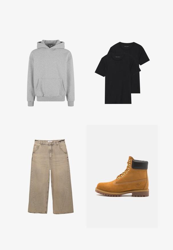 Grå sweatshirt med huva, långa ärmar och framficka. Tillverkad av mjukt material med ribbad mudd och fåll. Minimalistisk design och mångsidig stil.; Två svarta bomull t-shirts med korta ärmar, rund halsringning och en mjuk textur, visas staplade tillsammans.; PULL&BEAR MEGA BAGGY - Baggy jeans - light grey; Tan mockasins ankelstövlar med svart vadderad krage, guldmetallöglor, vit sömdekor och slitstöt gummisula med utmärkta mönster.