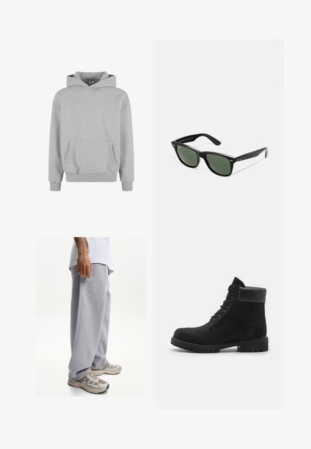 Grijze trui met capuchon, lange mouwen en een voorzak. Gemaakt van zacht materiaal met ribgebreide manchetten en zoom. Minimalistisch ontwerp en veelzijdige stijl.; Witte katoenen t-shirt met korte mouwen, ronde halslijn en recht gesneden. Gladde textuur zonder zichtbare patronen of accenten.; Grijze sweatpants van zachte stof, met een losse pasvorm en een elastische tailleband. Gecombineerd met beige en grijze sportschoenen.; Zwarte enkellaars met vetersluiting, voorzien van een gevoerde kraag en een robuuste zool, weergegeven in profiel tegen een witte achtergrond.; Zwarte plastic zonnebril met groene lenzen, vierkante montuur, zilveren accent op de wenkbrauw en een gestructureerde tempel. Merken vermeld op de binnenkant van de arm.