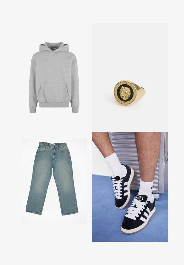 Hallukas kapuutsiga hall dressipluus, pika varrukaga ja ees oleva taskuga. Valmistatud pehmest kangast, millel on soonikkoes mansetid ja allserv. Minimalistlik disain ja mitmekülgne stiil.; Valge lühikeste varrukatega T-särk, mis on valmistatud pehmest puuvillast. Omab ümarat kaelaauku ja lõdva lõiget, sileda tekstuuri ning puhtat, ilma kaunistusteta disaini.; Heledad sinine teksaseelik kõrge vöökoha ja laia jala lõikega. Omab ees poolt taskuid, tõmblukuga sulgemist ja nähtavaid õmbluse detaile.; Mustad nahkjalatsid valgete paelte ja kolme valge triibuga. Omab ümmargust musta logo keele peal ning kummist tallat.; Kuldtoonist sõrmus, millel on mustal taustal kõrgendatud lõvimotiiv, raamistatud ringikujulise bändiga, millel on graveeritud brändinimi.