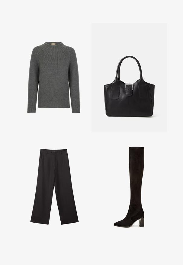 Szary sweter z dzianiny z okrągłym dekoltem, długimi rękawami i prążkowaną fakturą. Posiada luźny krój i casualowy design, odpowiedni do noszenia w warstwach.; Czarne spodnie z szerokimi nogawkami, wykonane z gładkiego materiału, z przednim zamkiem błyskawicznym i dwoma bocznymi kieszeniami, o dopasowanym kroju i minimalistycznym wzornictwie.; Czarne zamszowe kozaki za kolano z zakończeniem w szpic, z kwadratowym obcasem i gładką fakturą. Projekt zawiera minimalne detale przeszycia.; Czarna skórzana torba tote o gładkiej fakturze, usztywnionym kształcie, dwóch uchwytach oraz wyraźnym srebrnym zapięciu na przodzie.