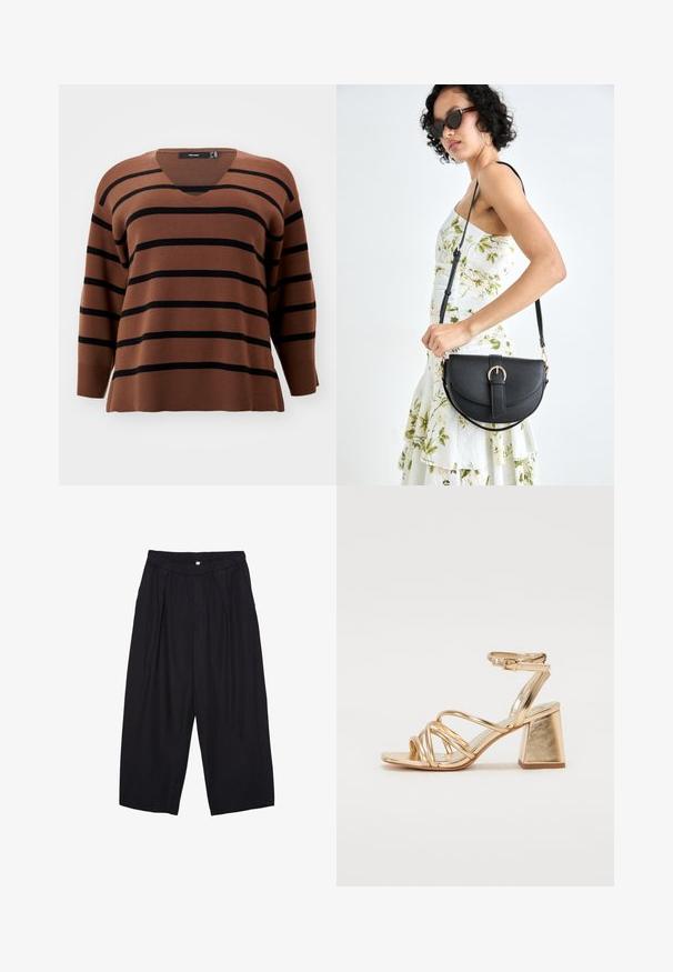 Brown striped sweater with black horizontal stripes. V-neck design, long sleeves, ribbed cuffs, and hem. Soft texture, relaxed fit.; Black polyester culotte pants with an elastic waistband, two front pleats, and a loose silhouette. No visible patterns or hardware details.; Gold metallic heeled sandals featuring a strappy design, square block heel, and adjustable ankle strap with a buckle. Smooth texture.; Black leather handbag with a curved shape, detachable strap, and gold hardware. The bag features a flap with a buckle detail.