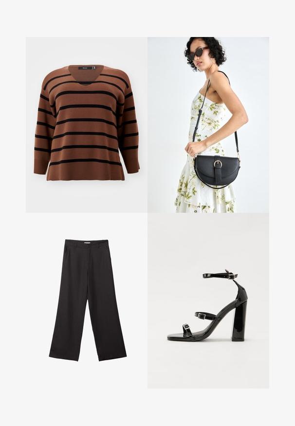 Brun stribet sweater med sorte vandrette striber. V-hals design, lange ærmer, ribbede manchetter og kant. Blød tekstur, afslappet pasform.; Sorte bukser med vidde, lavet af glat stof, med en frontlynlås og to sidelommer, i en skræddersyet pasform og minimalistisk design.; Sorte patenterede hælsandaler med firkantet tå, ankelremme og sølvspænder. Har en chunky blokHæl for stabilitet.; Sort læderhåndtaske med en buet form, aftagelig rem og guldfinish. Tasken har en klap med en spænde detalje.