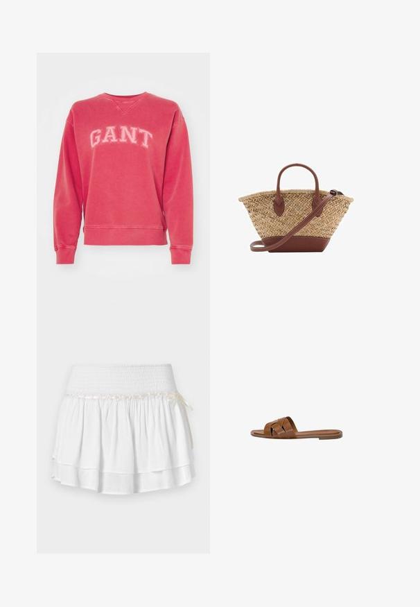 Felpa rossa girocollo realizzata in misto cotone, con la parola "GANT" ricamata in grandi lettere sul petto. Polsini e orlo a coste.; Gonna bianca a strati con vita elastica, caratterizzata da un dettaglio in smocking testurizzato e un nastro decorativo. Tessuto di cotone.; Sandalo in pelle marrone con fasce incrociate, suola piatta e una texture liscia. Design semplice senza decorazioni o motivi.; Borsa a tracolla in paglia intrecciata con dettagli in pelle marrone, due manici e una tracolla removibile. Forma curva con una base solida.