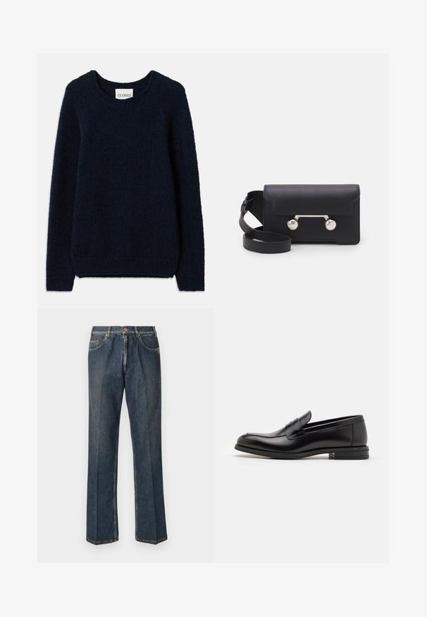Tengersötétkék kötött pulóver kerek nyakkal, hosszú ujjakkal, bordás mandzsettákkal és aljjal. Puha textúra és egyszerű dizájn, minta vagy díszítés nélkül.; Tengerészkék, rövid ujjú póló, fehér "neanche per sogno" felirattal, középen a mellkason, kerek nyakkal, közepes méretben.; Sötétkék egyenes szárú farmernadrág elülső gombbal, cipzáros behúzással, dupla elülső zsebekkel és lábszárakon látható függőleges ráncokkal.; Fekete bőr loaferek sima textúrával, kerek orral és dekoratív pánttal a vampnál. Alacsony, rétegelt sarkú, minimalista dizájn.; Fekete bőr keresztpántos táska hajtókával, ezüst színű kiegészítőkkel és két kerek díszítéssel. Levehető pánttal rendelkezik. Simább textúrájú.
