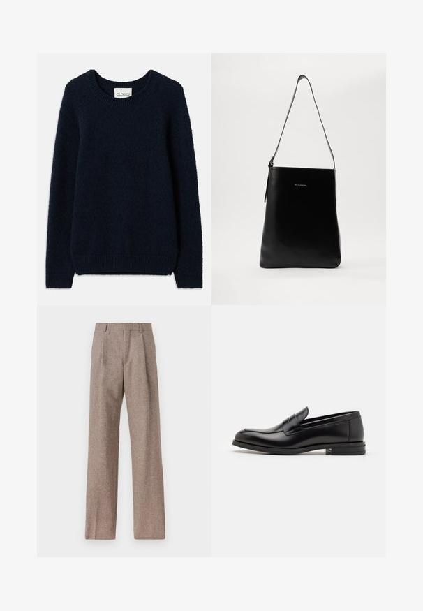 Pulôver de malha azul-marinho com decote redondo, mangas longas e punhos e bainha canelados. Textura suave e design simples, sem padrões ou detalhes.; Calças castanhas de cintura alta feitas de tecido texturado. Apresentam pernas largas e duas pregas frontais para estrutura. Acabamento cuidadoso sem hardware visível.; Mocassins de couro preto com uma textura suave, bico arredondado e uma faixa decorativa sobre o peito do pé. Salto baixo e empilhado, design minimalista.; Bolsa de ombro preta em couro com uma textura suave, forma retangular e uma alça longa; apresenta um pequeno logo branco ao centro.
