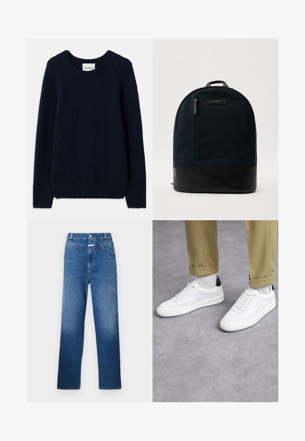 Marineblauer gestrickter Pullover mit rundem Ausschnitt, langen Ärmeln sowie gerippten Bündchen und Saum. Weiche Textur und schlichtes Design, ohne Muster oder Akzente.; Blaue Denim-Jeans mit geradem Bein, ausgestattet mit einem Knopfverschluss, Gürtelschlaufen und dezenten Ausbleichungen an den Oberschenkeln.; Weiße Sneakers mit einer strukturierten Lederoberfläche, abgerundeter Zehenpartie und schwarzem Fersenakzent. Gummisohle mit kleinem Profilmuster und genähten Details.; Rucksack mit einem dunkelgrünen Stoffkörper und einem schwarzen Lederboden. Verfügt über einen Oberhandgriff und eine vordere Reißverschlusstasche mit einem Label.