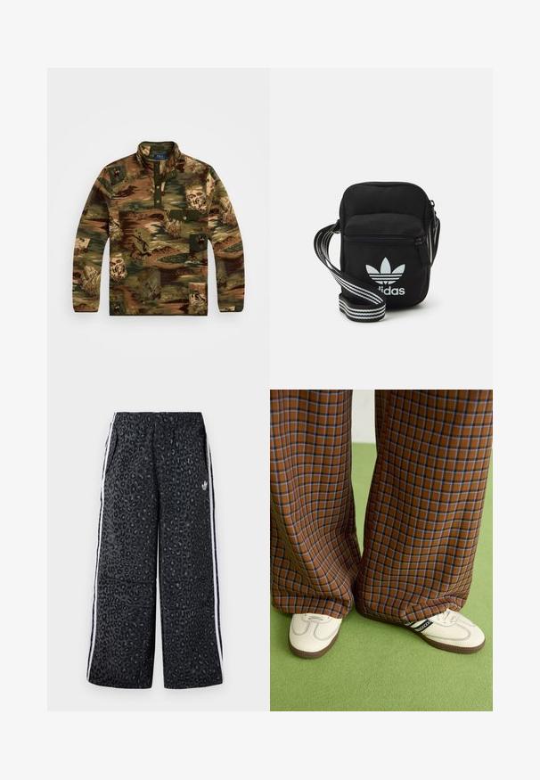 Pulover iz flisa v zemeljskih tonih zelene in rjave barve, ki ima večbarven naravni print, četrtni zadrgo in žep na prsih.; adidas Originals GRAPHIC UNISEX - Spodnji deli trenirk - black; Rjave in modre kariraste hlače širokih nogavic, v kombinaciji z belimi čevlji, ki imajo črne poudarke in teksturirane podplate, na zeleni podlagi.; Črna tkaninska torbica čez ramo z zadrgo, ki vsebuje belo Adidasovo logo in pridelano naramnico z več črtami za enostavno nošenje.