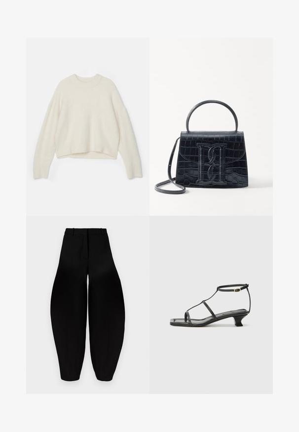 Vilnas džemperis off-white krāsā ar apaļu izgriezumu, nokritušiem pleciem un īsu apakšu. Mīksta tekstūra un brīvs piegriezums.; Melnbra plaša kāju bikses ar augstu jostasvietu, gludu priekšpusi un sašaurinātiem potītes daļām. Izgatavotas no gludas auduma ar matētu apdari.; Melna ādas sandale ar kvadrātveida purngalu, plānām siksnām, regulējamu potītes siksnu un zemu papēdi. Iezīme ir neliela zelta akcenta detaļa uz siksnas.; Melnas krokodila rakstā izgatavota ādas rokassoma ar strukturētu dizainu, augšējo rokturi, regulējamu siksnu un izteiktu priekšējo logotipa detaļu.