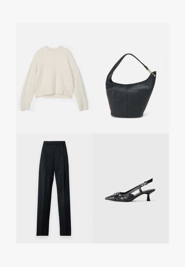 Wollpullover in Off-White mit rundem Halsauschnitt, überschnittenen Schultern und cropped Saum. Weicher Stoff mit lockerer Passform.; Schwarze Hosen aus glattem Stoff mit hoher Taille, weitem Bein, vorderen Falten und klassischen Gürtelschlaufen. Keine sichtbaren Seitentaschen.; Schwarzer Leder-Slingback-Schuh mit spitz zulaufender Zehenpartie, dekorativen Riemen mit METALLÖSEN und niedrigem Blockabsatz. Strukturelle Oberfläche.; Schwarze Lederhandtasche mit abgerundeter Form, breitem Tragegurt und strukturiertem Finish. Besitzt eine subtile Nahtdetails und einen Akzent aus goldfarbenem Metall.