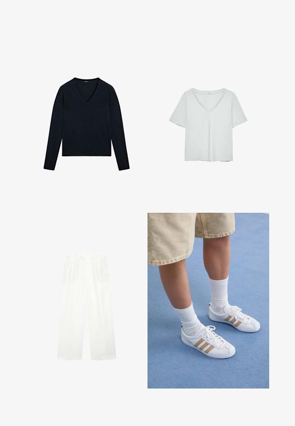 Mörkblå långärmad tröja med V-ringning, ribbade ärmslut och rak nederkant, tillverkad av ett mjukt, strukturerat tyg.; Ljust grå kortärmad T-shirt med V-ringning, tillverkad av mjukt material; har en avslappnad passform och rena sömmar utan mönster.; Vita vida byxor i ett lätt tyg, med platt front, veck och midjeresår, som ger en lös och luftig passform.; Vita sneakers med tre guldstrimlor, snörningsdesign, gummisula, bärs med ribbade vita strumpor och beige shorts på en blå yta.