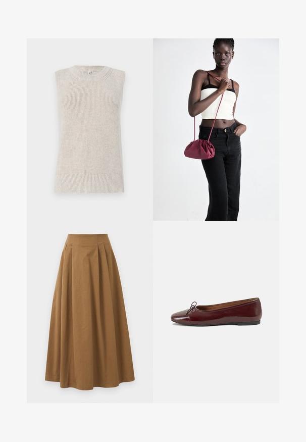 Svijetlosmeđi bez rukava pleteni top s rebrastom teksturom, okruglim izrezom i pletenim detaljima duž ramena i rubova.; Smeđa pamučna suknja A kroja s visokim strukom, koja ima nabore sprijeda i glatku teksturu. Završetci donjeg ruba su čisti i jednostavni.; Burgundska lakirana balerinka s zaobljenim vrhom, malim mašnom sprijeda i niskom, crnom gumenom potplatu. Glatka tekstura.; Bordo mekani torbeni sakupljenog dizajna s dugom trakicom, nošenom preko tijela. Model nosi bijelu kratku majicu i crne traperice.