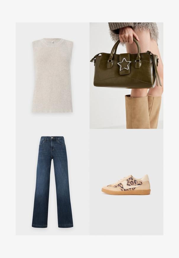 Top de malha sem mangas em bege claro com textura canelada, decote redondo e detalhamentos em malha ao longo dos ombros e da bainha.; Jeans em denim azul escuro com um design de perna larga, apresentando cinco bolsos e um fecho frontal com botão. Textura suave e detalhes de costura clássicos.; Sapatilhas com padrão de leopardo, parte superior em camurça bege, sola de borracha castanha e detalhes brancos. Bico redondo e design com atacadores, com um acabamento texturizado.; Bolsa de mão em pele sintética verde oliva com detalhe de estrela prateada, alças duplas e fecho com zip. Superfície texturizada e forma estruturada.
