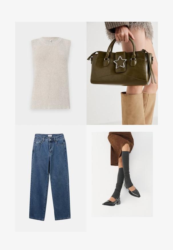 Jasno-beżowy bezrękawnik z dzianiny o prążkowanej fakturze, okrągłym dekolcie oraz dzianinowych detalach wzdłuż ramion i u dołu.; Klasyczne niebieskie dżinsy o prostym kroju, pięć kieszeni i zapięcie na guzik. Charakteryzują się średnim odcieniem i solidną teksturą.; Czarne lakierowane buty na szpilce z prostokątnym obcasem i paskiem na kostce, zestawione z szarymi prążkowanymi ocieplaczami na nogi oraz brązową zamszową spódnicą.; Oliwkowa torebka z ekoskóry z srebrnym akcentem w kształcie gwiazdy, podwójnymi uchwytami i zapięciem na zamek. Teksturowana powierzchnia i wyraźnie zarysowany kształt.