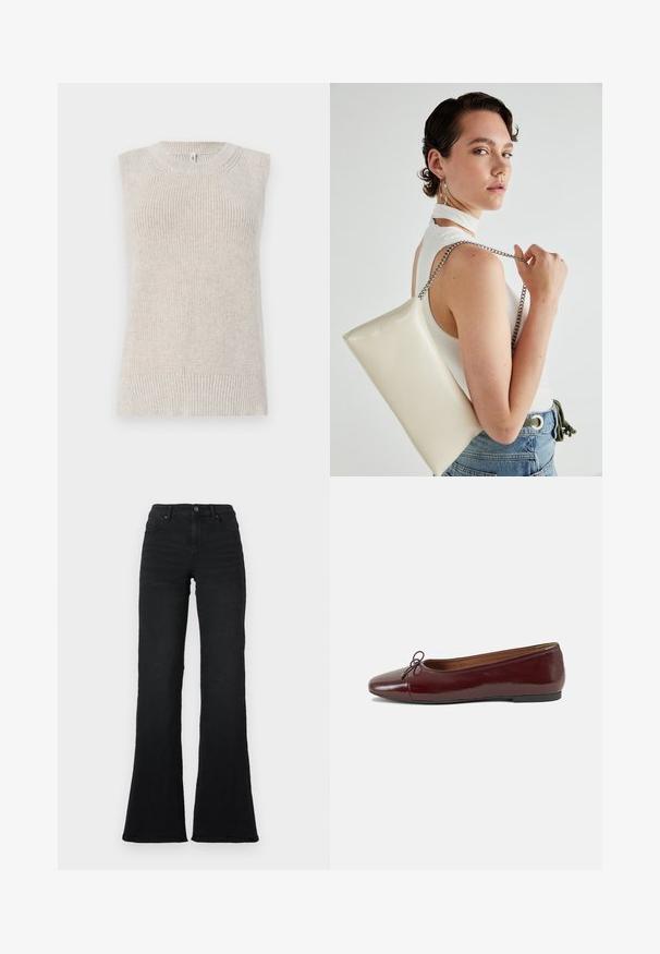 Top simplu tricotat, de culoare bej deschis, fără mâneci, cu o textură ribbed, decolteu rotund și detalii tricotate pe umeri și margine.; Jeans negre cu talie înaltă și croială evazată, dotate cu buzunare frontale, bucle pentru curea și închidere cu nasture pe un fundal alb.; Balerini din piele patent burgund cu vârful rotund, accent de fundiță mică în față și talpă joasă din cauciuc negru. Textură netedă.; Geantă de clutch rectangulară albă, realizată dintr-un material lucios, având o curea de lanț argintie. Modelul pozează, evidențiind geanta pe un fundal simplu.