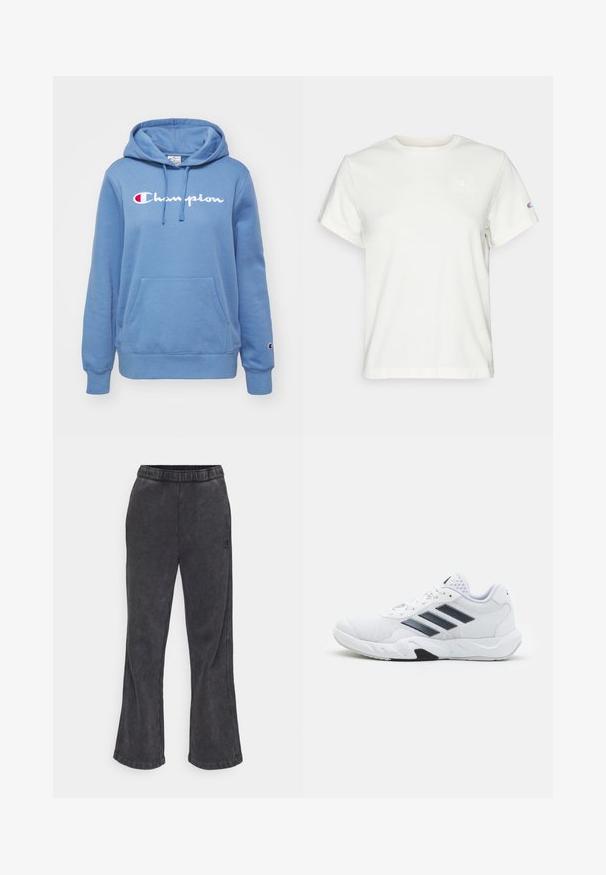 Champion ICONS CONTRAST LARGE LOGO - Sudadera - blue; Camiseta de algodón blanca de manga corta con cuello redondo y un pequeño logo en la parte superior izquierda del pecho. Textura suave y ajuste estándar.; Pantalones sudadera acampanados en tela gris oscuro con una textura suave. Cuenta con una cintura elástica y un logo bordado en el lateral.; Zapatilla deportiva blanca con parte superior de malla, tres franjas negras a los lados, acentos texturizados y una suela de goma resistente con una sección negra en contraste.