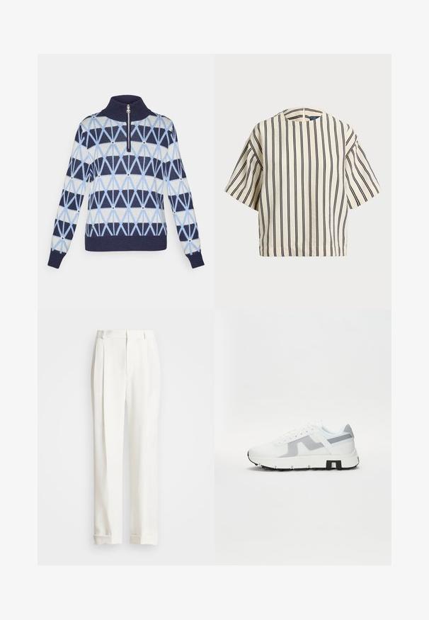 Strickpullover mit hohem Kragen und Reißverschluss. Mit geometrischen Mustern in Marineblau, Hellblau und Creme. Gerippte Bündchen und Saum.; Kurzärmliges, gestreiftes Oberteil in Creme und Marineblau, mit rundem Halsausschnitt und kastiger Form aus strukturiertem Stoff.; Weiße maßgeschneiderte Hosen mit zwei vorderen Falten, geradem Schnitt und umgeschlagenen Säumen. Aus glattem Stoff gefertigt, mit klassischem Design.; Weißer Sportschuh mit grauen Akzenten, strukturiertem Obermaterial, dickem Sohlenrand und kontrastierendem schwarzen Fersenbereich. Schnürdesign mit Mesh-Elementen.