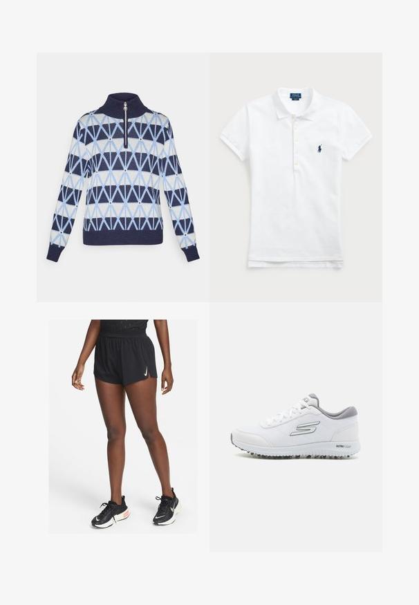 Megztas puloveris su aukštu apykakle, užtrauktuku. Yra geometrinių raštų tamsiai mėlynos, šviesiai mėlynos ir kreminės spalvų. Dygsniuotos rankogaliai ir apatinė dalis.; Balta medvilninė polo marškinėliai su klasikiniu apykaklės dizainu, trumpomis rankovėmis ir tamsiai mėlynu siuvinėtu logotipu kairėje krūtinės pusėje. Penkių mygtukų užtrauktukas.; Juodi sportiniai šortai su surišamu juosmeniu ir šoninėmis skeltukėmis, pagaminti iš lengvos medžiagos, derinami su juodais bėgimo batais, turinčiais baltą Swoosh logotipą.; Balti sportiniai batai su tekstūruotu tinkliniu viršumi, sidabriniais akcentais ir lengvu padu, kuriame yra mažų sukibimo kaiščių, paženklinti "ULTRA FLIGHT."