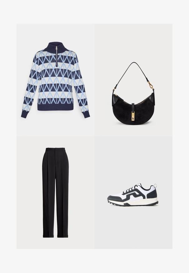 Felsőrészes pulóver magas gallérral, cipzárral záródik. Geometrikus mintákkal rendelkezik sötétkék, világoskék és krémszínben. Bordás mandzsetták és derékpánt.; Fekete, testre szabott nadrág magas derékkal, elöl redőkkel, egyenes láblineáris kialakítással és halkézével. Sima anyagból készült.; Fehér és fekete, alacsony szárú utcai cipő, mintázott gumitalppal és cikk-cakk mintával az oldalán, az oldaláról látható, sima háttéren.; Fekete kézi táska ívelt formában, velúrból és bőrből készült, aranyszínű cipzárral és logó részlettel rendelkezik. Rövid fogantyú található rajta.