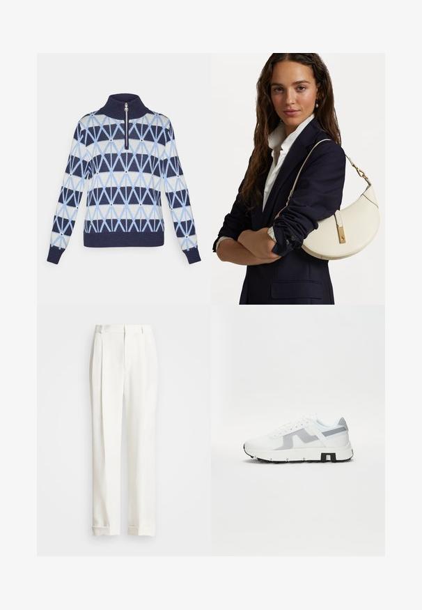 Sweter dziergany z wysokim kołnierzem i zamkiem błyskawicznym. Ozdobiony geometrycznymi wzorami w kolorze granatowym, jasnoniebieskim i kremowym. Ribbed ściągacze przy rękawach i u dołu.; Białe spodnie o dopasowanym kroju z dwoma zmarszczkami z przodu, prostą nogawką i zawiniętymi mankietami. Wykonane z gładkiego materiału, o klasycznym wzornictwie.; Białe sportowe sneakersy z szarymi akcentami, teksturowaną cholewką, grubą podeszwą i kontrastowym czarnym detalem na pięcie. Sznurowane, z panelami z siateczki.; Biała skórzana torebka o zakrzywionym kształcie, ze złotymi akcentami i strukturalnym wykończeniem, noszona na ciemnej marynarce i białej koszuli.
