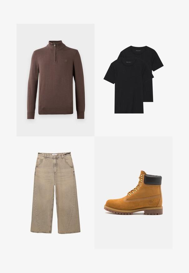 Ruskea neulepusero, jossa on korkea kaulus ja neljänneksen vetoketju. Varusteena ribbireunukset hihoissa ja helmassa, sekä pieni logoyksityiskohta rinnassa.; Kaksi mustaa puuvillapaitaa lyhyillä hihoilla, pyöreällä kauluksella ja sileällä pinnalla, esillä päällekkäin.; PULL&BEAR MEGA BAGGY - Baggy-farkut - light grey; Valkoinen nahkainen nilkkuri mustalla pehmustetulla kauluksella, kultaisilla metallisilla rei'illä, valkoisella ompeluksella ja jykevällä kumipohjalla, jossa on selvästi näkyvät urat.