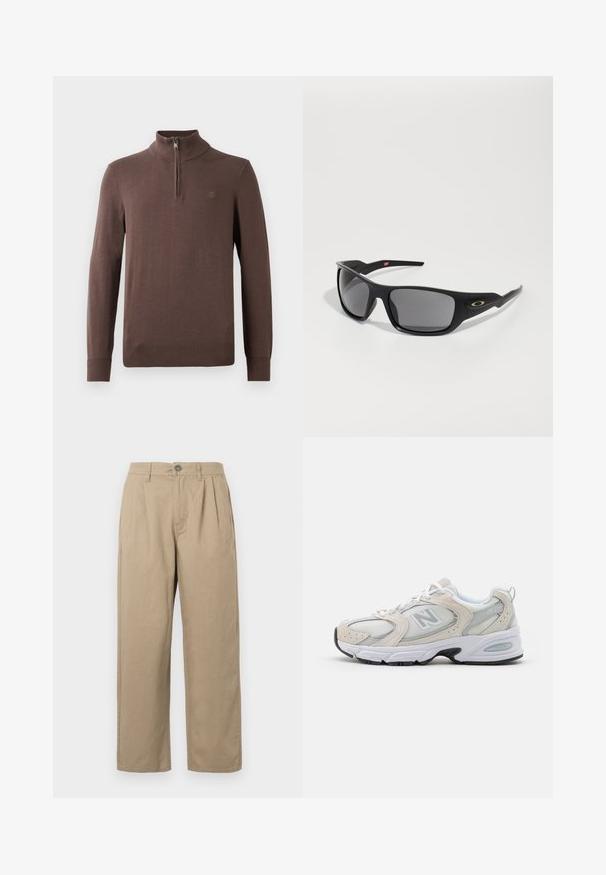 Smeđi pleteni pulover s visokim ovratnikom i četvrtastim zipom. Ima rebraste rukave i rub, te mali logotip na prsima.; Bež hlače visokog struka sa plisama, petljama za remen, zatvaranjem na dugme i ravnim nogavicama na bijeloj pozadini.; Atletska obuća s gornjim dijelom od svijetlosivog mrežastog materijala s nijansama antilopa, bijelim vezicama i crnom gumenom potplatom. Značajna ABZORB amortizacija.; Crne sunčane naočale pravokutnog oblika, izrađene od izdržljive plastike, sivi zasjenjeni leće i zlatni detalj sa strane.