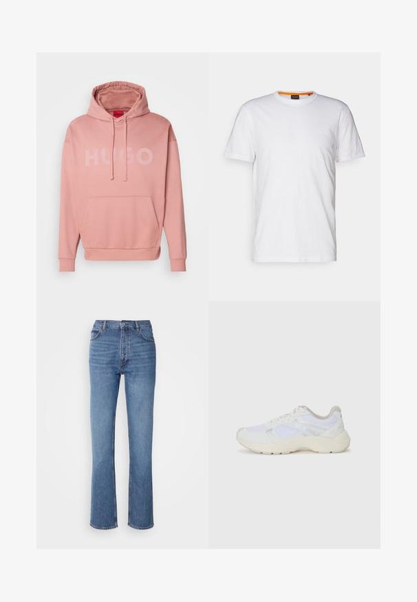 Rózsaszín kapucnis pulóver, puha anyagból, elülső kenguru zsebbel és nagy "HUGO" logóval, világosabb rózsaszín árnyalatban.; Fehér pamut póló kerek nyakkivágással, rövid ujjakkal, és finoman domborított logóval a mellkason. A belső címke narancssárga akcentussal rendelkezik.; Kék farmernadrág magas derékkal, egyenes szabású dizájnnal és enyhe kopással. Jellemzője az klasszikus öt zsebes kialakítás és cipzáras zárás.; Fehér sportcipők, amelyek hálós és velúr anyagból készültek, texturált középtalppal, texturált részletekkel és a "HUGO" logóval az oldalon.