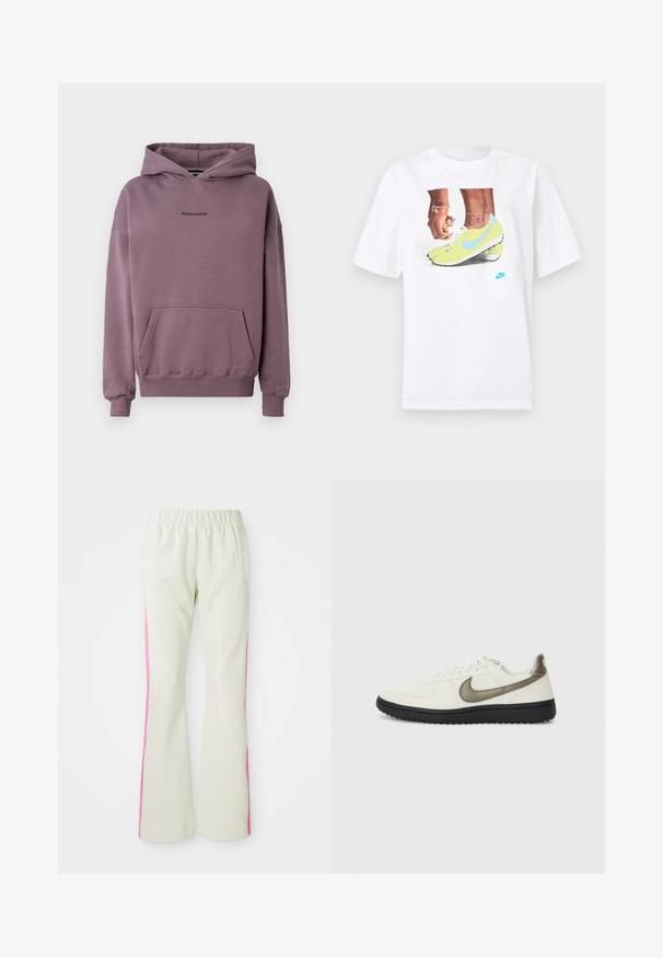Sweatshirt com capuz em roxo suave, feito de tecido macio, com um bolso frontal, punhos canelados e pequeno texto de logotipo preto no peito.; T-shirt branco de algodão com uma gráfica de pés em chuteiras Nike amarelas com detalhes azuis, combinado com uma pulseira no pulso esquerdo.; Calças bege claras com uma cintura elástica, apresentando painéis laterais cor-de-rosa e bolsos laterais. Textura suave com um design de perna reta.; Nike Sportswear FIELD GENERAL - Sapatilhas - off-white/black