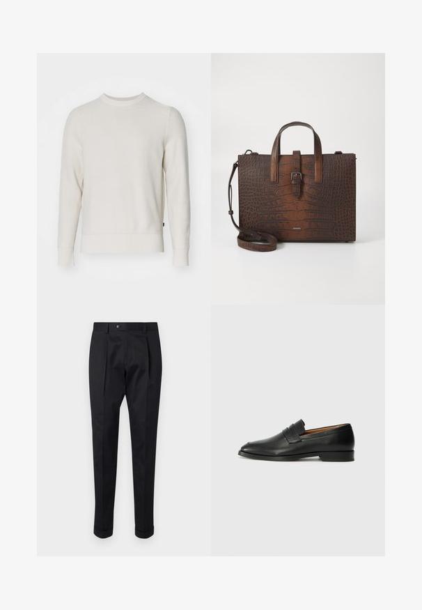 Kermainen neulepaita, jossa on pyöreä pääntie, pitkät hihat sekä ribbineulotut hihansuut ja helma. Tekstuurissa on hunajakenno kuvio.; Musta housut, jotka on valmistettu sileästä kankaasta, ja niissä on etuosassa laskos, nappisulku sekä käänteet nilkassa.; Musta nahkainen loafer, jossa on pyöreä kärki, hienovarainen ommelkoristelu ja matala korko, joka on varustettu sileällä pinnalla ja minimalistisella designilla.; Ruskea krokotiilien kuviollinen nahkakäsilaukku, jossa on yläkahvat ja irrotettava olkahihna. Ominaisuuksiin kuuluu solkilukko ja suorakulmainen muoto.