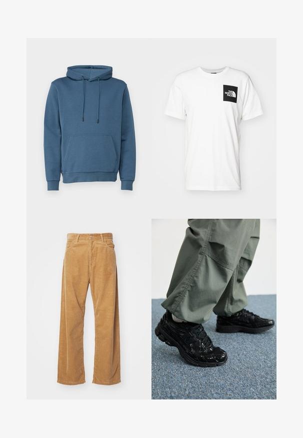 Hoodie i blått, med en framficka, snörningar, ribbade muddar och nederkant. Tillverkad av mjukt, strukturerat tyg.; Vit bomull t-shirt med en svart fyrkantig ficka med "The North Face"-logotypen i vitt. Korta ärmar och design med rundad hals.; Breda benbyxor i kordflott i en tan-färg. Har texturerade, vertikala ränder, med en standard midja och två framfickor.; Svarta sportskor med glänsande och nätliknande texturer, med en tjock sula och snören, kombinerat med lösa olivgröna cargobyxor.